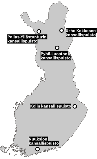 Suomen kartta, jossa merkittynä suosituimpien kansallispuistojen sijainnit